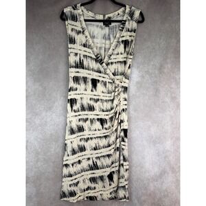 Deletta Anthropologie Ivory Black Abstract Print Stretch Knit Faux Wrap Dress L